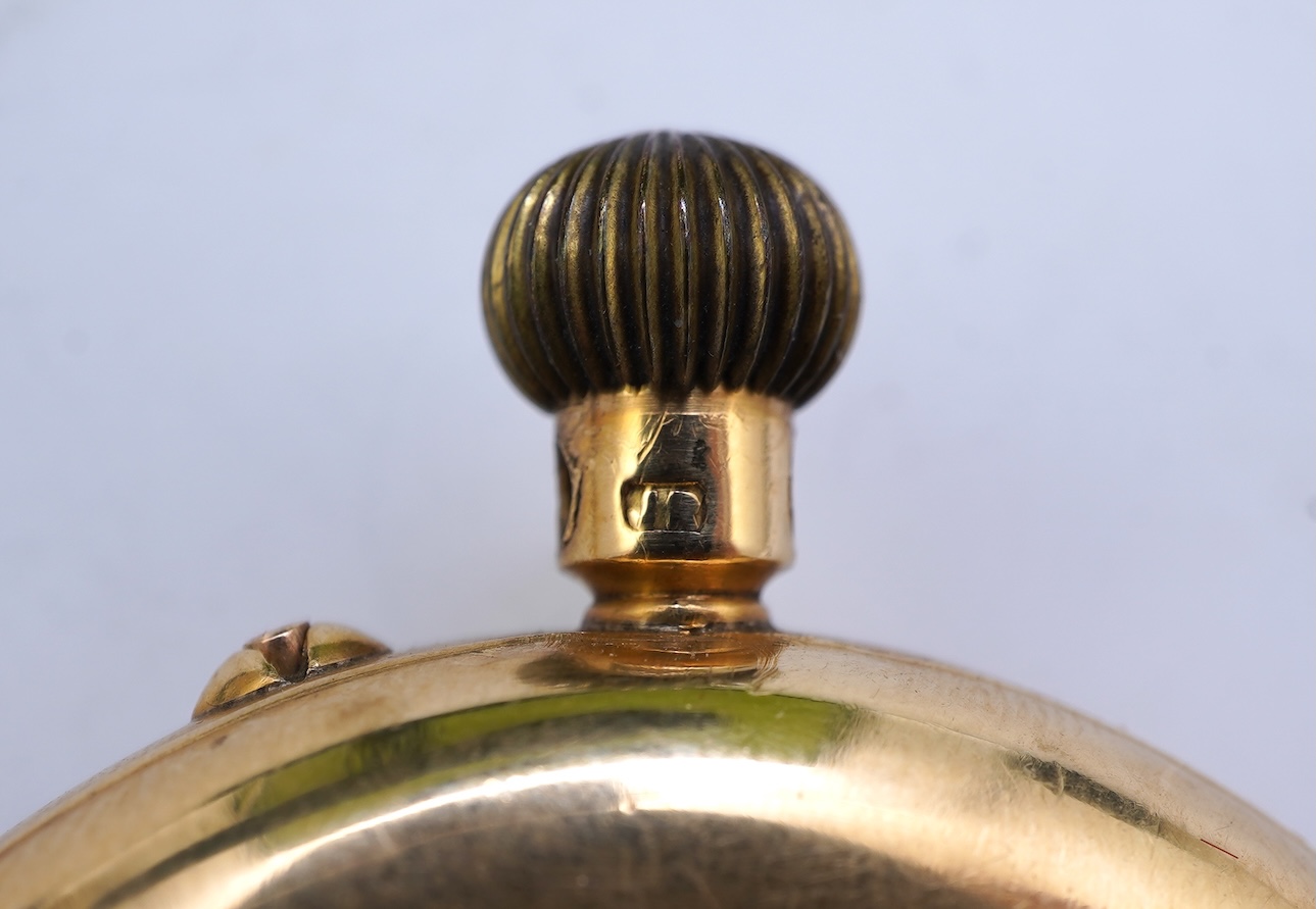 A late Victorian 18ct gold open faced keyless fob watch, by Kemp Brothers